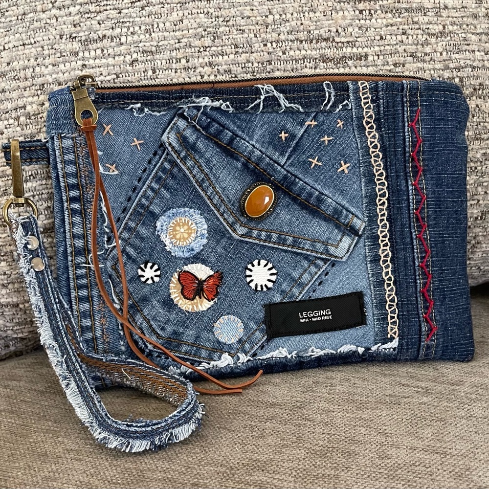 Bohemian Unique One-of-a-Kind Denim Patchwork Clutch with removable wrist handle